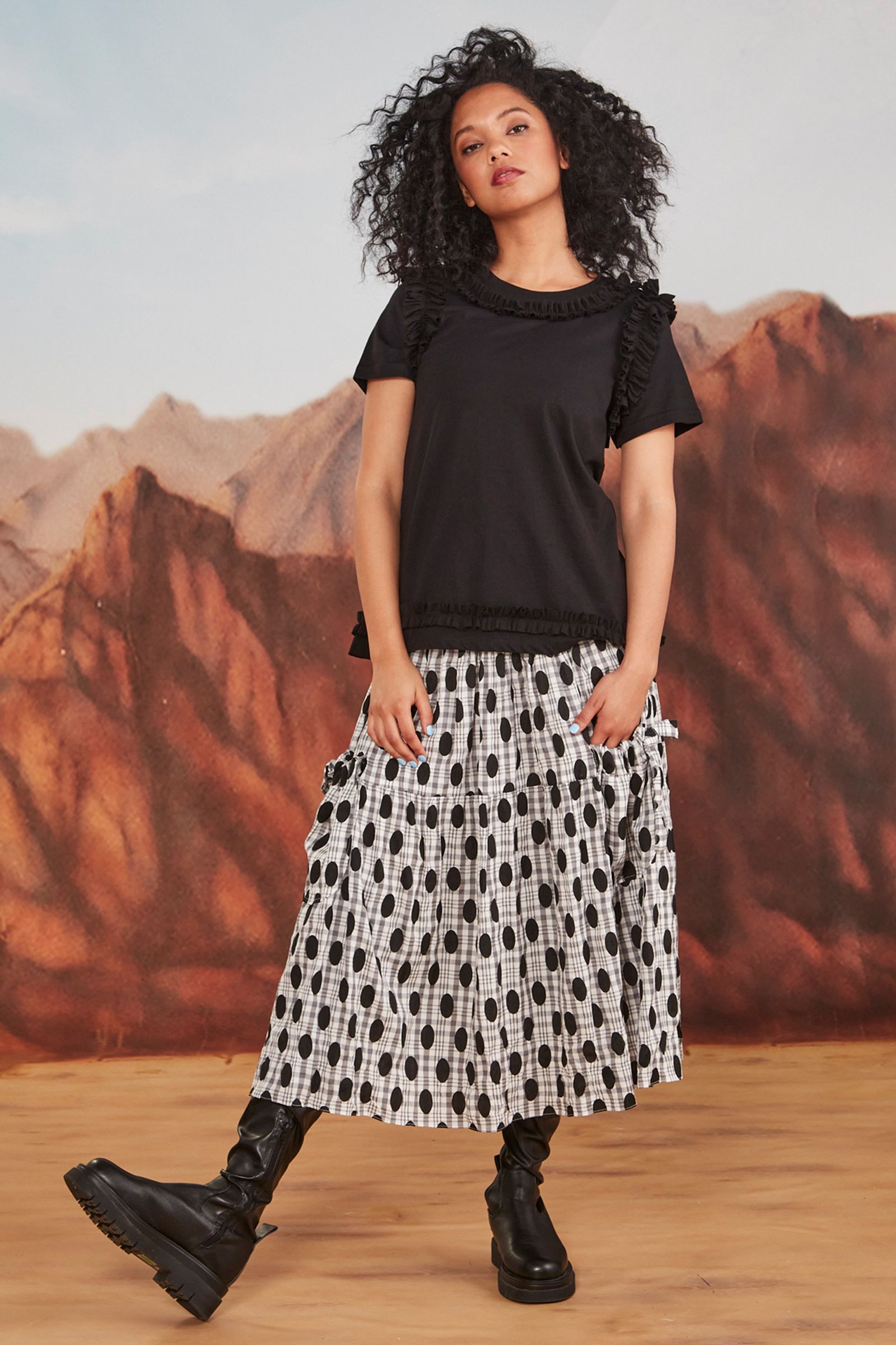 POWER RUFFLE TOP
								, 			CHECKMATE SKIRT