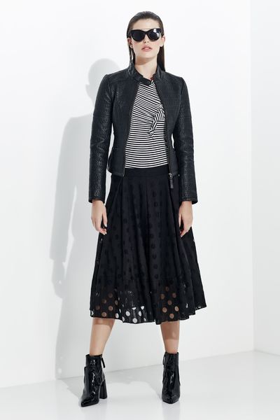 CROSS THE LINE SUNGLASSES
								, 			STITCH BLACK JACKET
								, 			WE FOUND RUFFLE TOP
								, 			CHASING SKIRT