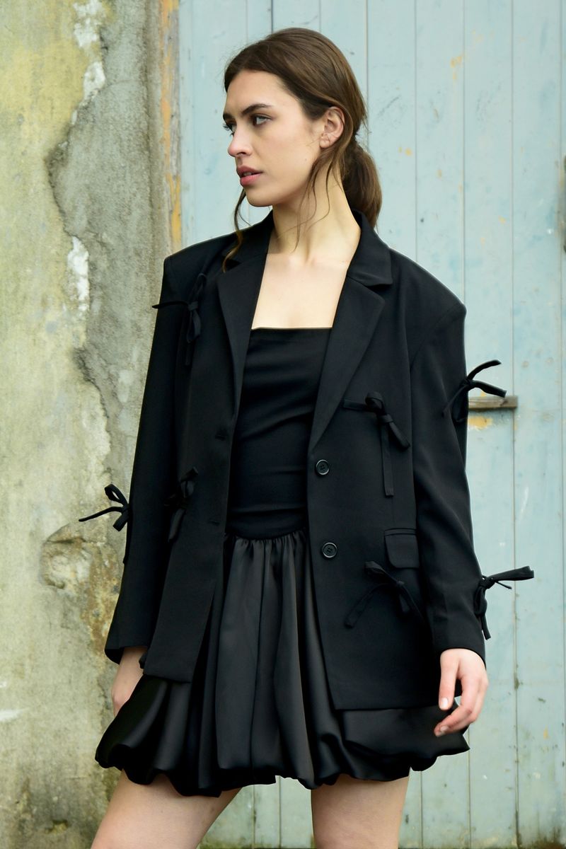SAY IT ISN'T BOW BLAZER
								, 			BUBBLE ACT DRESS