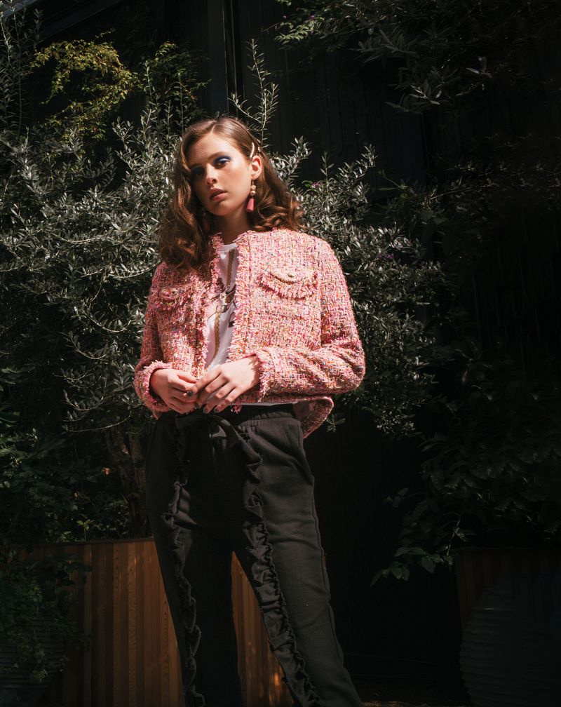 OVER THE CROP JACKET
								, 			FRILL GOT IT PANTS