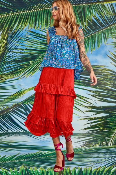 RUFFLE WHAMMY TOP
								, 			CREASE TO MEET YOU SKIRT