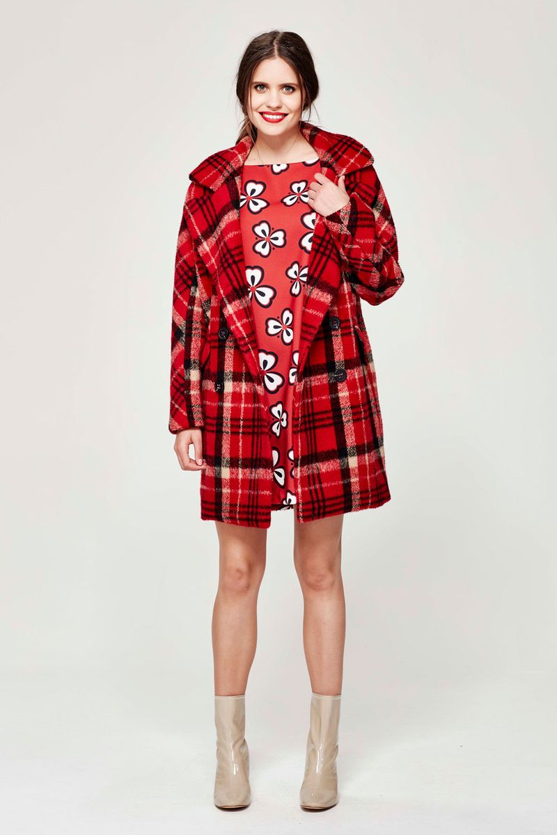RED LETTER DAY 'MISCHA TARTAN' COAT
								, 			CODE RED 'RED & BUTTER' DRESS