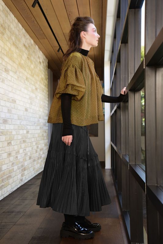									HOLY HECK TOP
								, 			A PROBLEM SHEER-ED BLOUSE
								, 			HEART SKIPS A PLEAT SKIRT
			
